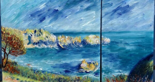 Two-panel fused glass artwork showing a Guernsey coastal scene with blue sea, rocky islands and colourful coastal planting.
